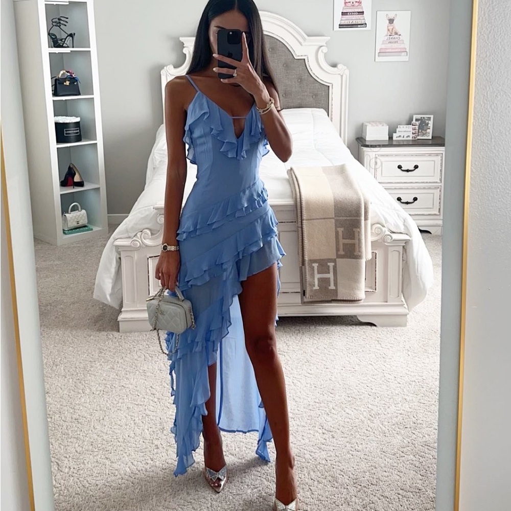 Zimmermann Sleeveless Ruffled High-Low Midi Dress in Light Blue - Picture 1 of 3
